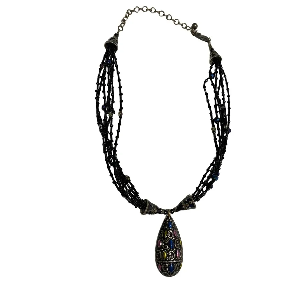 Chico's Beaded Pendant Necklace Women OS Black Multi-Strand Boho Enamel Teardrop